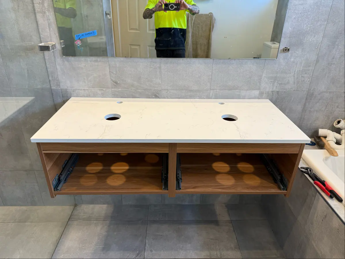 Floating bathroom vanity marble top installation